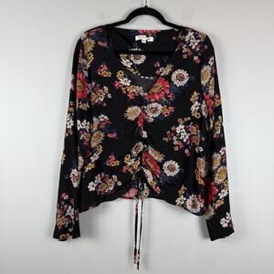 Anthropologie‎ First Monday Top Womens M Black Floral Cinch Front Boho Cottage